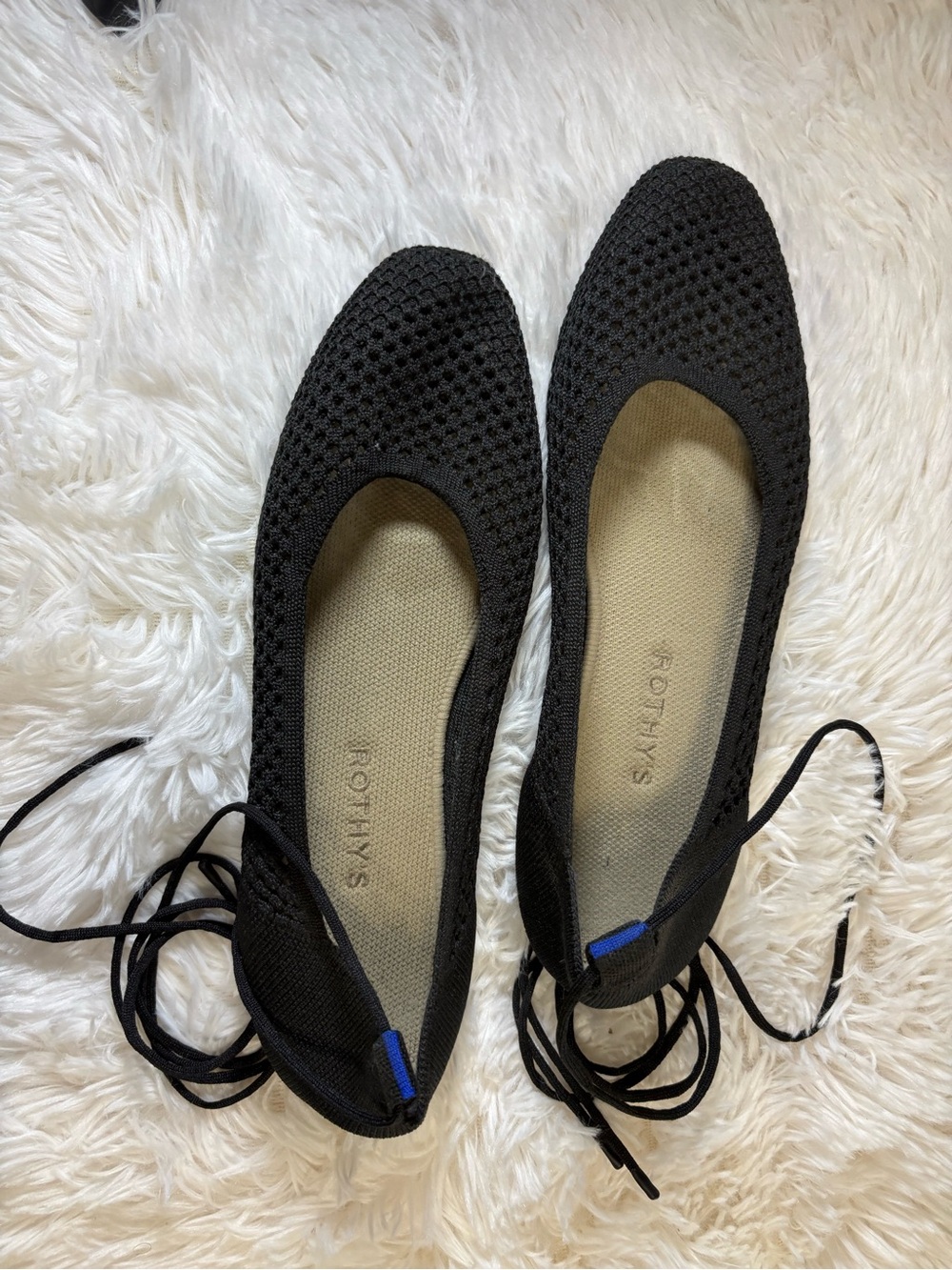Rothy's Black Knit Lace-Up Ballet Flats with Blue Tab